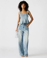 Steve Madden Womens Embellished Denim Fiorella Peplum Top Fianna Barrel Leg Jeans