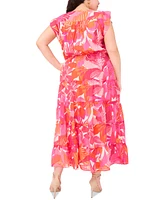 Msk Plus Printed Flutter-Sleeve Tiered Maxi Dress
