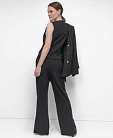 Dkny Womens Pinstriped Crewneck Button Front Vest High Rise Flare Leg Pants