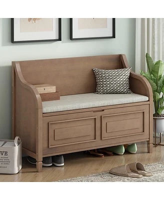 Solid Wood Entryway Storage Bench with Safety Hinge and Removable Cushion Seat Traditional Design for Bedroom Living Room-The Pop Home