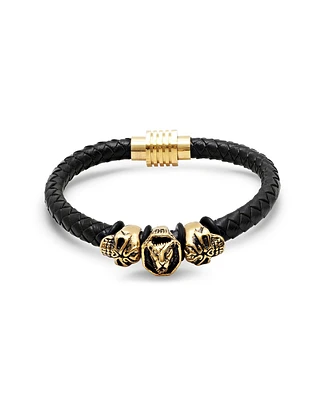 Steeltime Men's Lion Head and Skull Accents Black Leather Braided Bracelet