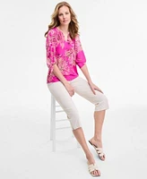 Jones New York Womens Paisley Print Tie Sleeve Blouse Pull On Cropped Stretch Capri Pants