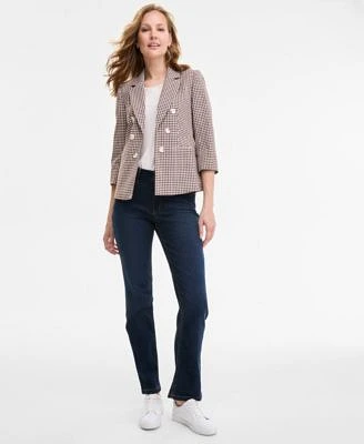 Jones New York Womens Checkered Print Faux Double Breasted Jacket Extended Shoulder Lattice Neck Top Lexington Mid Rise Straight Leg Denim Jeans