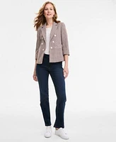 Jones New York Womens Checkered Print Faux Double Breasted Jacket Extended Shoulder Lattice Neck Top Lexington Mid Rise Straight Leg Denim Jeans