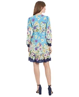 London Times Women's Printed V-Neck Long-Sleeve Dress