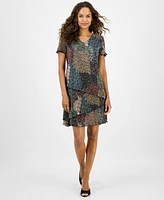 Connected Petite Printed Asymmetric Tiered V-Neck Dress