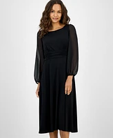 Connected Petite Shirred-Waist Sheer-Sleeve Midi Dress