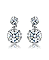 White Gold Plated with Cubic Zirconia Two-Stone Milgrain Dangle Drop Earrings