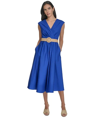 Jessica Howard Women's Cotton V-Neck Belted Midi Dress
