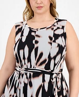 Sandra Darren Plus Belted Printed Sleeveless Midi Dress
