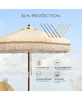 LAGarden Boho 7' Fringe Patio Umbrella with Tassels UPF50+ Boho Style 5-Year-Non-Fading for Outdoor Yard Butter Twisted Root
