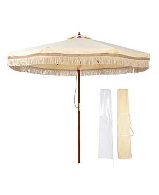 LAGarden Boho 9' Fringe Patio Umbrella with Tassels UPF50+ Boho Style 5-Year-Non-Fading for Outdoor Yard Market Butter Twisted Root