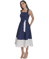 Jessica Howard Women's Cotton Color-Blocked Tie-Waist Midi Dress