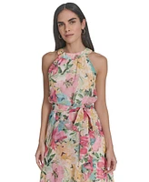 Jessica Howard Women's Floral Chiffon Tie-Waist High-Low Midi Dress