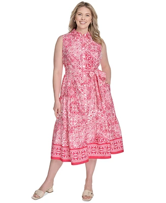 Jessica Howard Plus Printed Tie-Waist Sleeveless Midi Dress