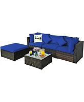 Gymax 5PC Rattan Patio Conversation Set Outdoor Furniture Set w/ Ottoman Cushion