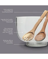 Gibson Home Wildgreens Large Glass Salad Bowl Set with Marble Base and Acacia Serving Utensils