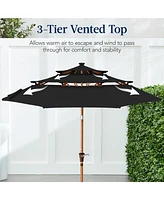 Best Choice Products Woodgrain Pattern 10ft 3-Tier Solar Patio Umbrella w/ 24 Led Lights