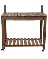 Wheeled Garden Potting Bench with Sink - Outdoor Potting Table - Garden Table with Planting Station and Hooks - Brown