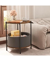 2-Piece Round Side Table Nightstnad with Fabric Basket and Wood Top for Living Room, Bedroom