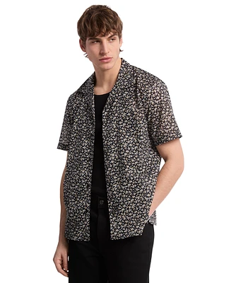 Michael Kors Men's Relaxed Fit Short Sleeve Floral Print Button-Front Camp Shirt