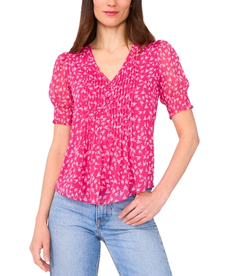 Sam & Jess Petite Printed Puff-Sleeve Pintuck Blouse