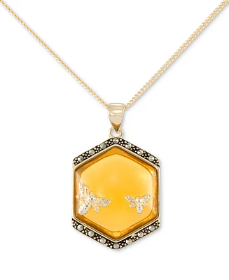 Marcasite (1/6 ct. t.w.) & Amber (1/10 ct. t.w.) Polygon Bee Pendant Necklace in 18k Gold Over Sterling Silver, 18"