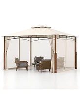 Outdoor Patio Gazebo with Netting and 2-Tier Canopy Roof