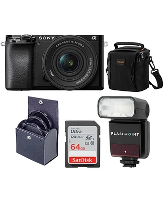Sony Sony Alpha A6100 Mirrorless Digital Camera, with 16-50mm Lens (Black) Flash Bundle with Flashpoint Zoom-Mini Ttl R2 Flash, Bag, Filter Kit, 64GB