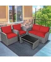 Gymax 4PCS Patio Rattan Conversation Set Outdoor Furniture Set w/ Red Cushions