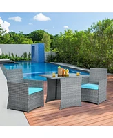 Gymax 3PCS Outdoor Rattan Conversation Set Patio Dining Table Set w/ Turquoise Cushions