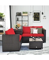Gymax 8PCS Cushioned Rattan Patio Conversation Set w/ Side Table Red Cushion
