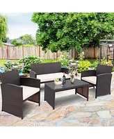 Gymax 8PCS Patio Conversation Set Outdoor Rattan Furniture Set w/ White Cushions