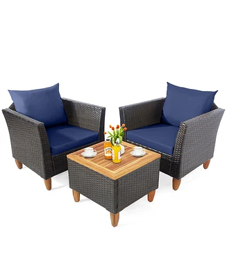 Gymax 3PCS Patio Furniture Set Conversation Bistro Set w/ Acacia Wood & Cushions Navy