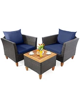 Gymax 3PCS Patio Furniture Set Conversation Bistro Set w/ Acacia Wood & Cushions Navy