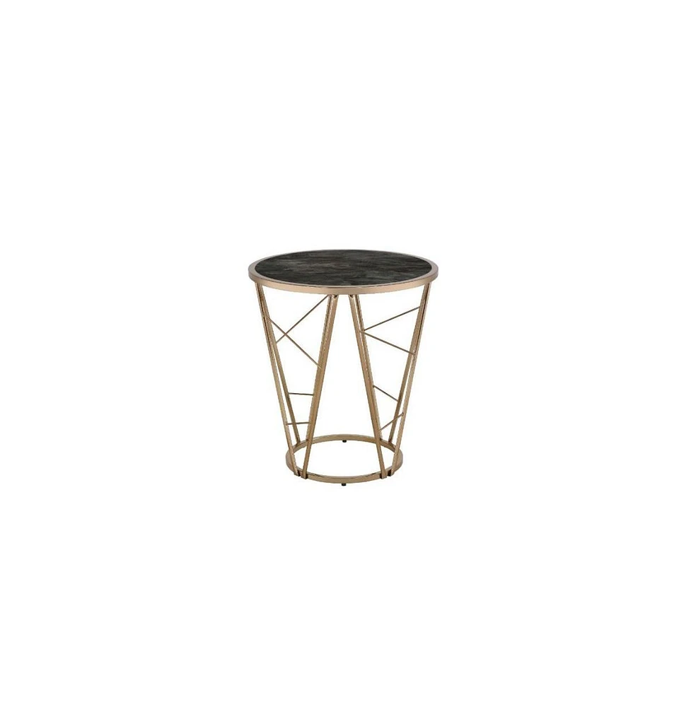Contemporary Faux Marble and Glass Round End Table with Stylish Metal Legs