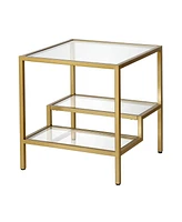 Modern 22" Square End Table – Brass Finish, Clear Glass, and Two Shelves