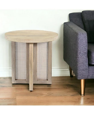 22-Inch Round End Table Natural Solid Wood Top with Rattan Base for Farmhouse Decor