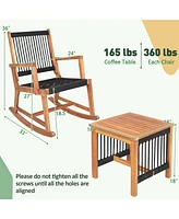 3pcs Patio Acacia Wood Bistro Table Rocking Chair Set All-Weather Rope Outdoor