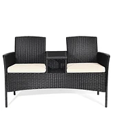 Gymax Cushioned Rattan Wicker Patio Conversation Set w/ Table Steel Frame