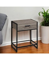 Contemporary End Table with Glass Top, Metal Frame, Drawer & Shelf