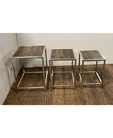 Set of Three 21" Silver And Brown Solid Wood Nested Tables