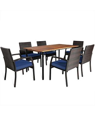 Gymax 7PCS Patio Dining Furniture Set Yard w/ Wooden Tabletop Navy Cushions