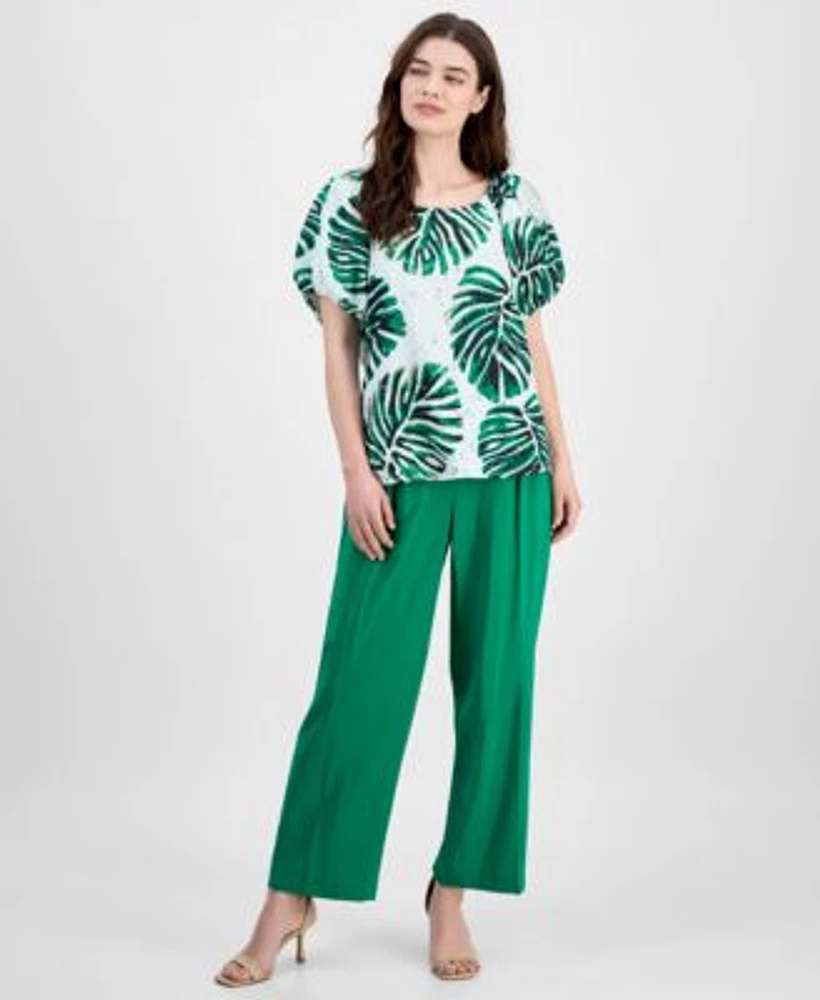 Anne Klein Womens Printed Eyelet Embroidered Cotton Blouse Pull On Wide Leg Ankle Pants