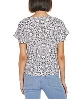Belldini Women's Printed Eyelet Tie Front Knit Top