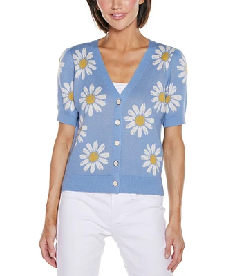 Belldini Women's Daisy Jacquard V-Neck Cardigan Sweater