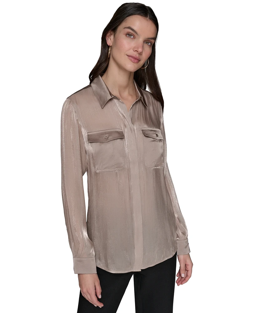 Karl Lagerfeld Paris Women's Mixed-Media Button-Front Blouse