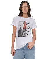 Dkny Jeans Women's Rhinestone 3 Image Photoreal Logo T-Shirt - WHB