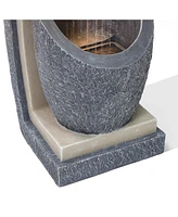 LuxenHome Gray Resin Column and Bowl Sculpture Outdoor Fountain with Lights