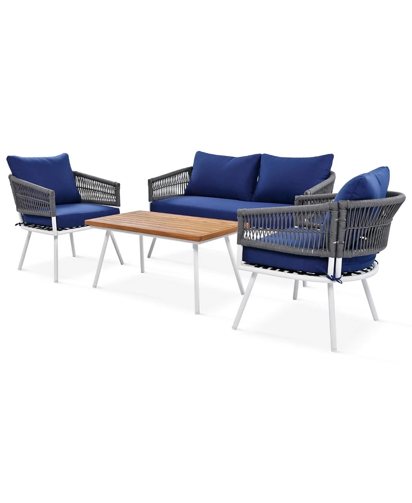 Outdoor 4-Piece Boho Rope Patio Furniture Set with Acacia Wood Table, Patio Conversation Set with Deep Seating & Thick Cushion